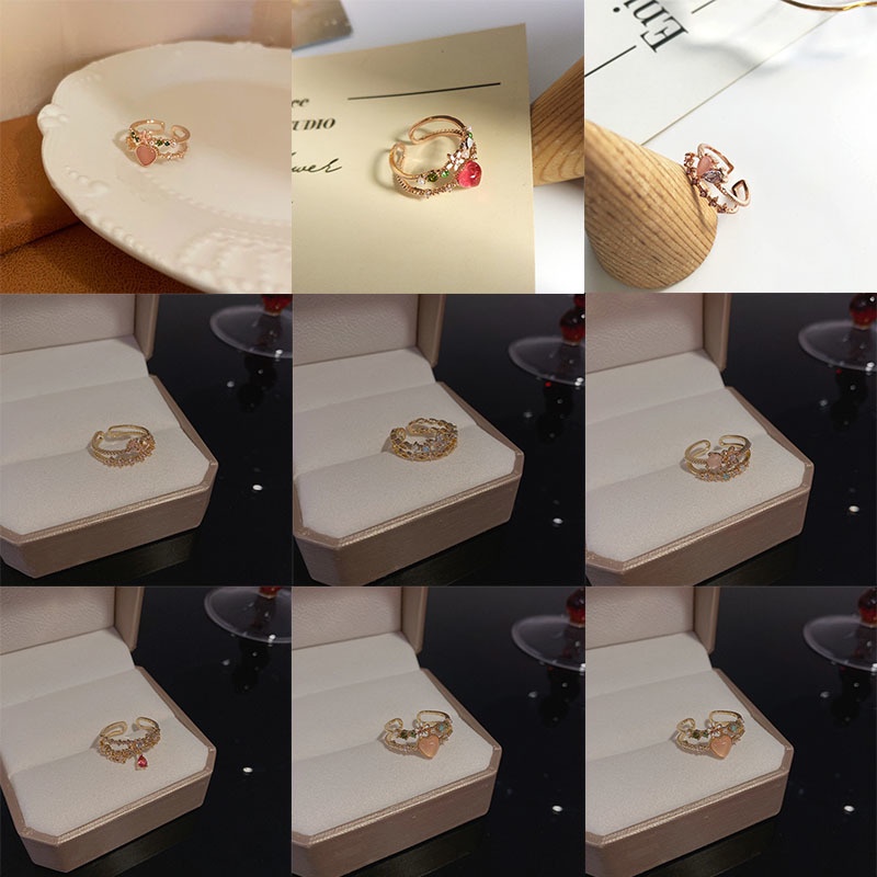 Nhẫn Hở Hai Lớp Đính Đá Zircon Hình Trái Tim Dễ Thương Có Thể Điều Chỉnh