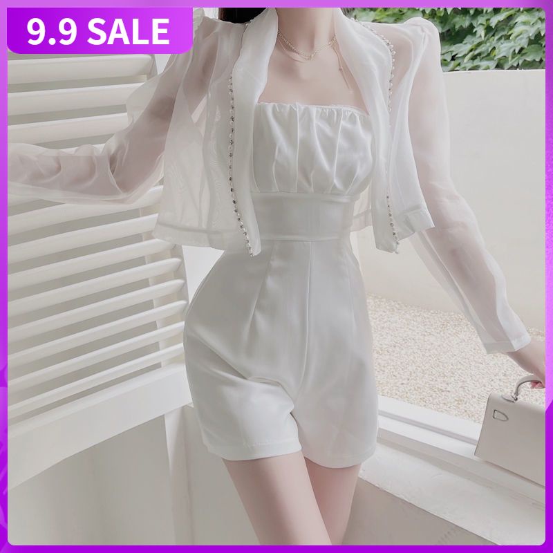 Set áo khoác và áo liền quần ống ôm màu trắng phong cách Pháp cổ điển thời trang mùa hè dành cho nữ (có bán lẻ)