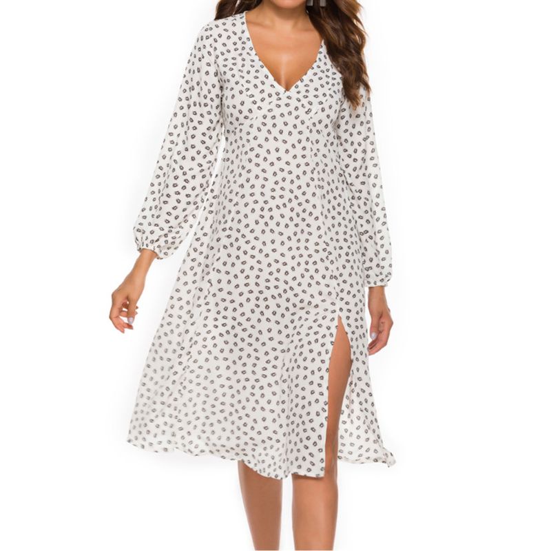 Xiangbao Đầm Midi Dài Tay Phồng Cổ Chữ V Xẻ Sâu Cao Gợi Cảm Cho Nữ Fl