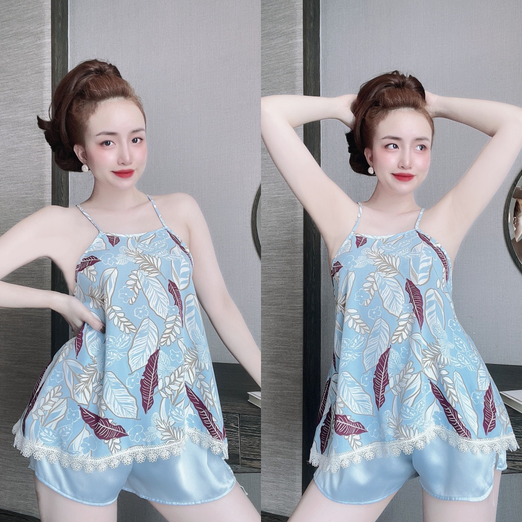 Đồ ngủ sexy 2 dây, đồ ngủ nữ cổ yếm chất mango phối satin mặc ngủ mùa hè mát mẻ thoải mái freesize 40-57kg - linqustore