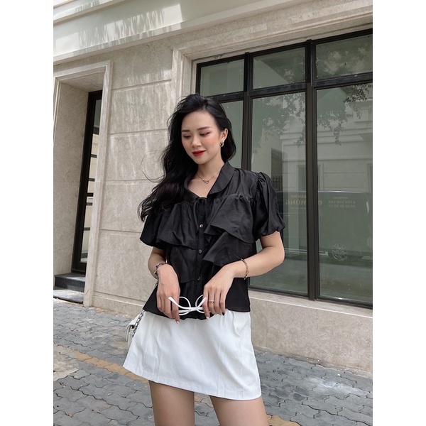 YU CHERRY | Áo nữ chất vải tơ mịn, nhiều tầng có dây nơ cổ, Duchess Mini Blouse YA424