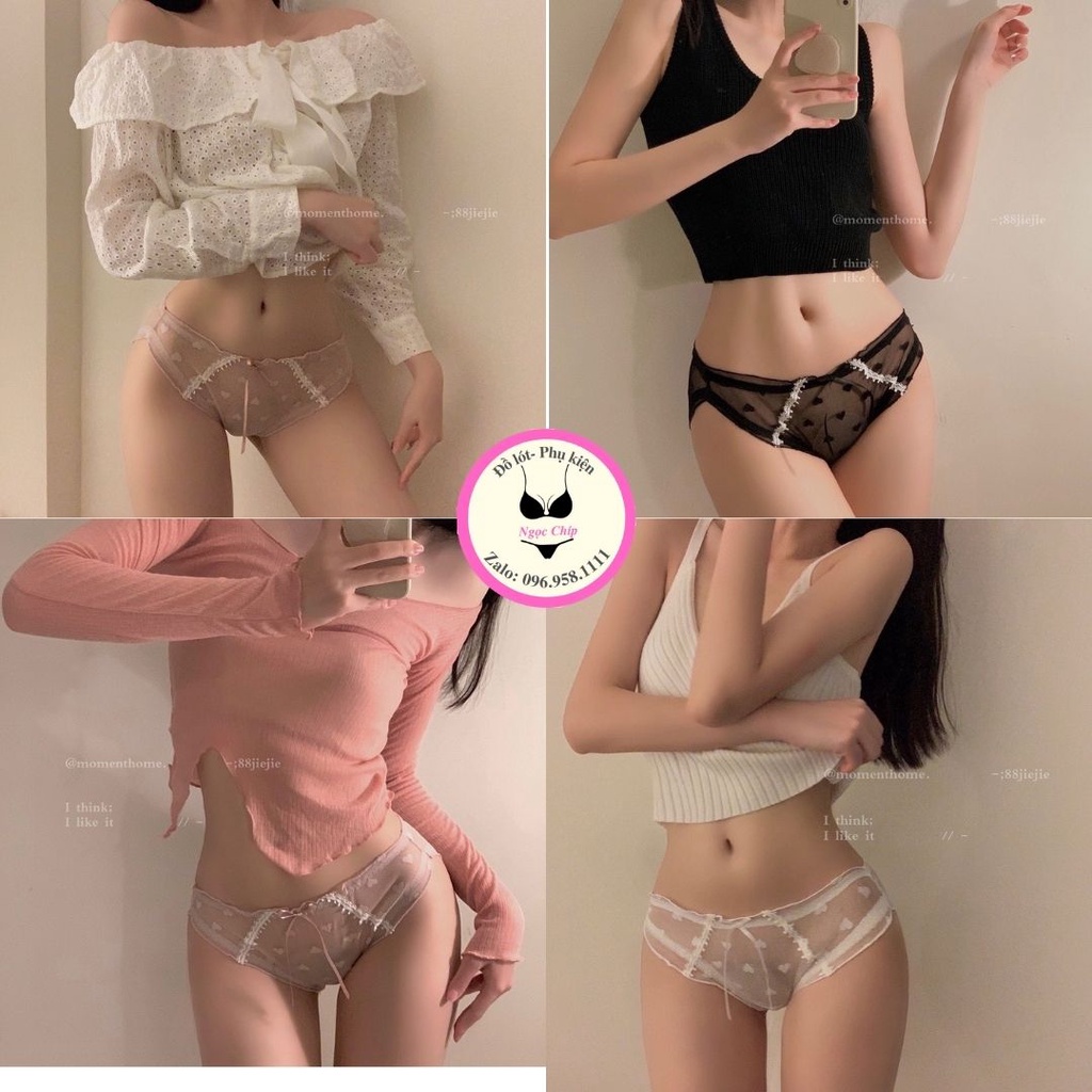 Quần lót nữ ren lưới sexy cao cấp, quần lót kháng khuẩn hoạ tiết trái tim đính nơ xinh Nđ10