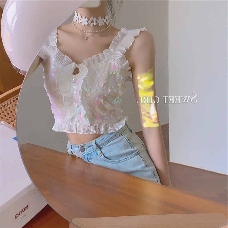 Áo Ngắn Không Tay Đính Kim Sa Gợi Cảm Thời Trang Mùa Hè Dành Cho Bạn Nữ