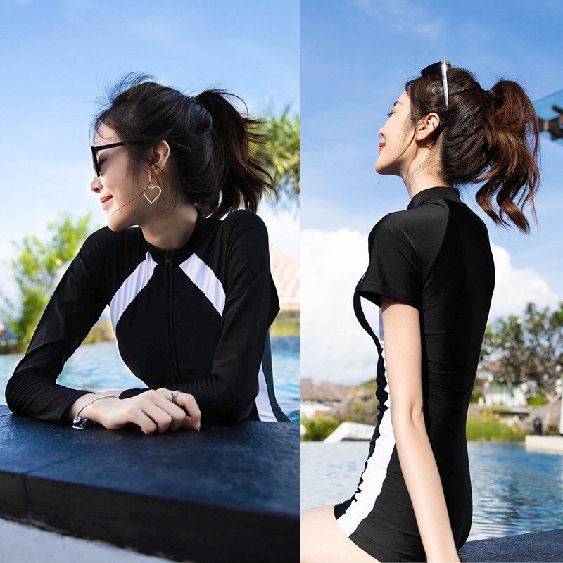 Bikini liền mảnh, Bộ bơi 1 mảnh có tay khóa kéo màu đen chạy sọc trắng form short