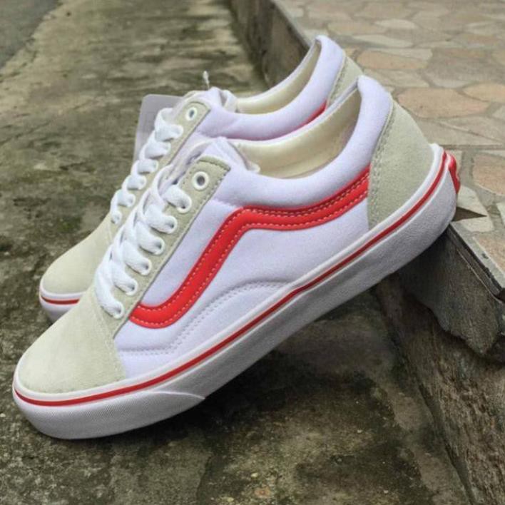 Hot [Sale 3/3]Giày thể thao Vans old skool trắng vạch đỏ, mũi xám [Sẵn Hàng] . ⋆ Hè