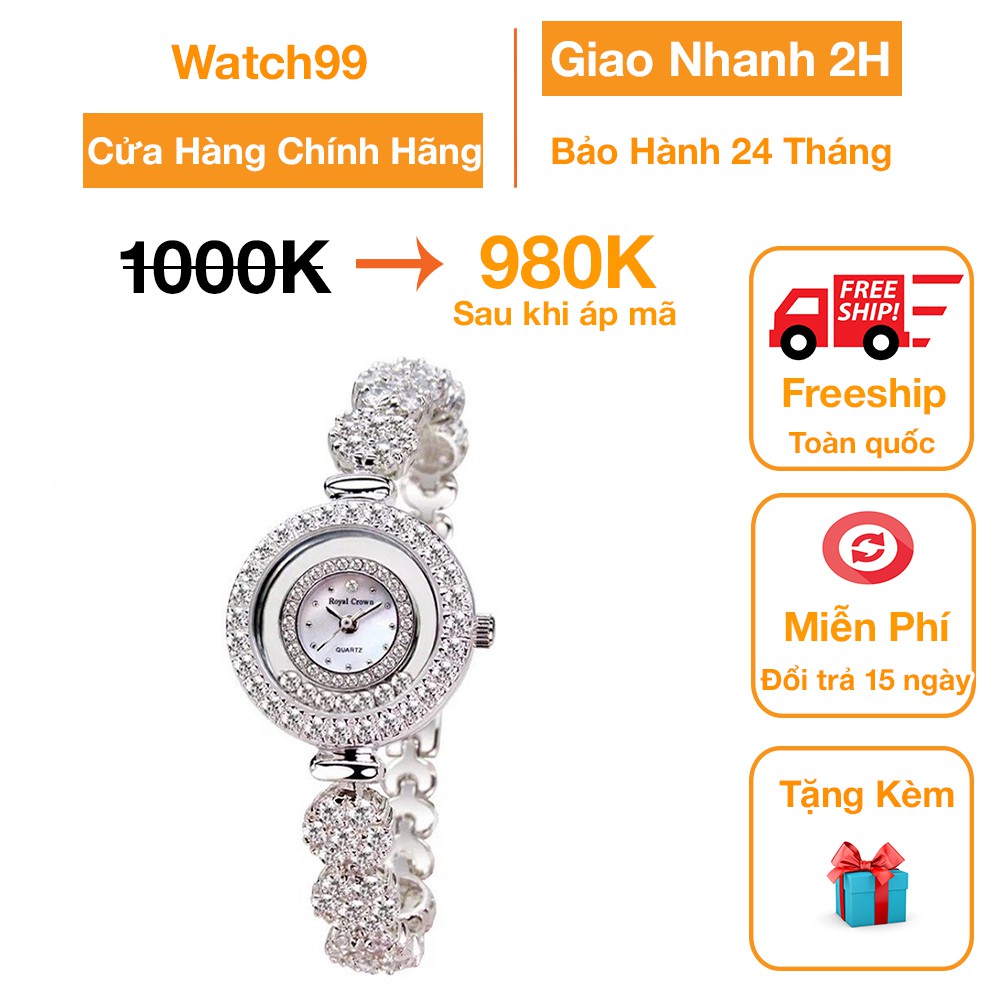 Đồng Hồ Nữ Chính Hãng Dây Kim Loại Đính Đá Chống Nước Chống Xước Royal Crown 5308