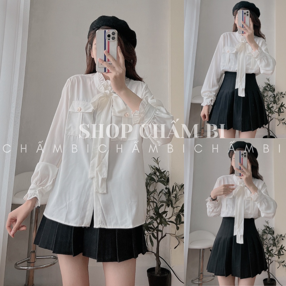 ✓ↂ✺Áo sơ mi tiểu thư A.289, dài tay túi hộp ngực cổ trụ bèo thắt dây nơ cách điệu