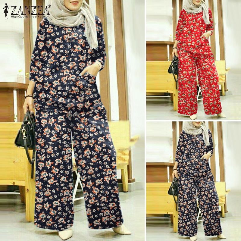 Zanzea Set Áo Tay 3 / 4 Phối Túi + Quần ống rộng Lưng Thun Thời Trang Nữ