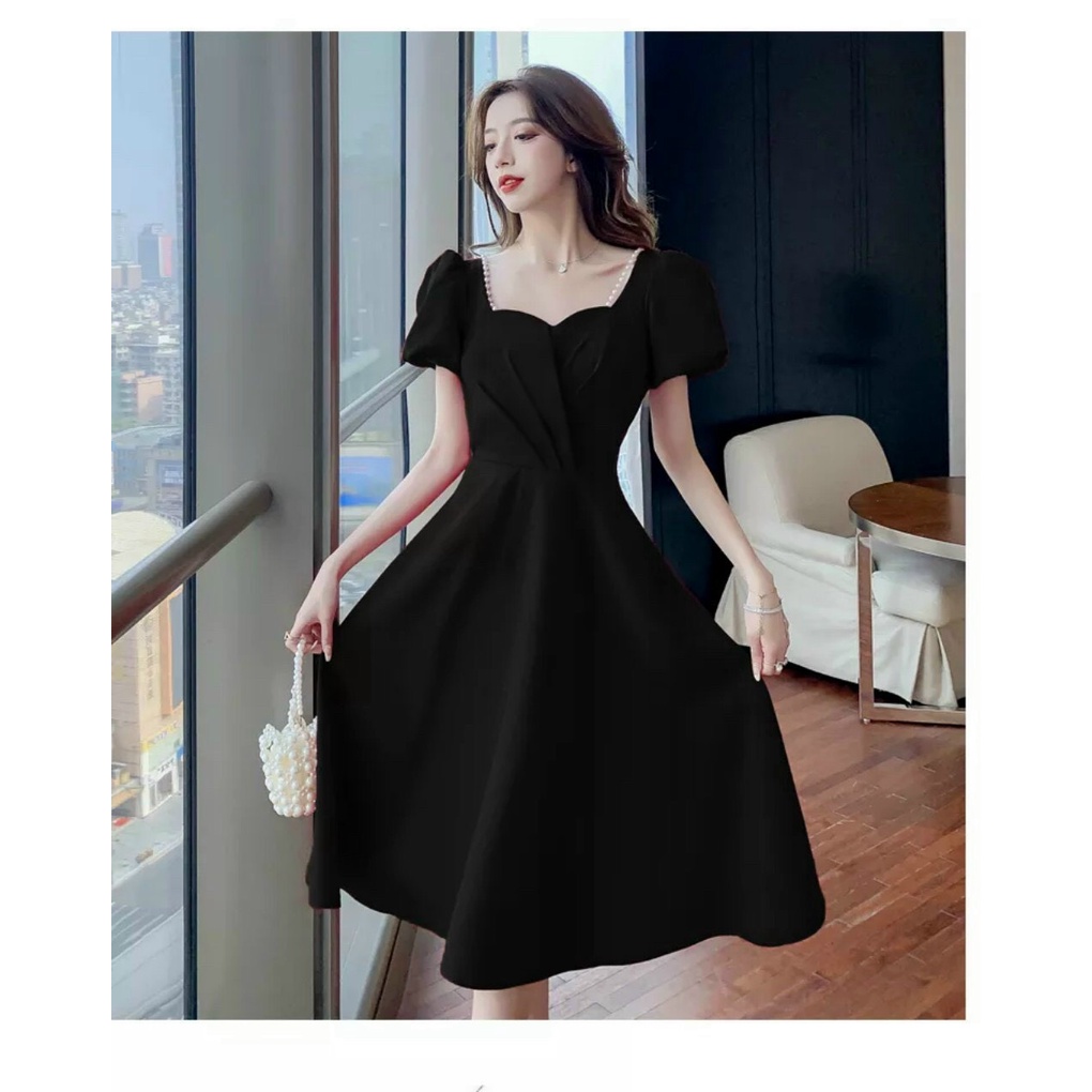 Đầm xòe tay phồng kết cườm xếp ly ngực xinh xắn