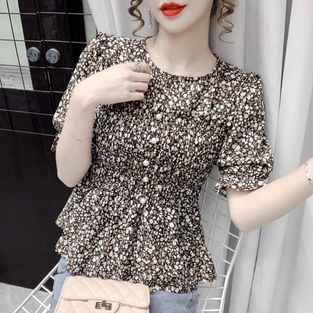 Áo Sơ Mi Chiffon Tay Ngắn In Họa Tiết Hoa Tươi Mới Phong Cách Hàn Quốc Thời Trang Mùa Hè Cho Nữ