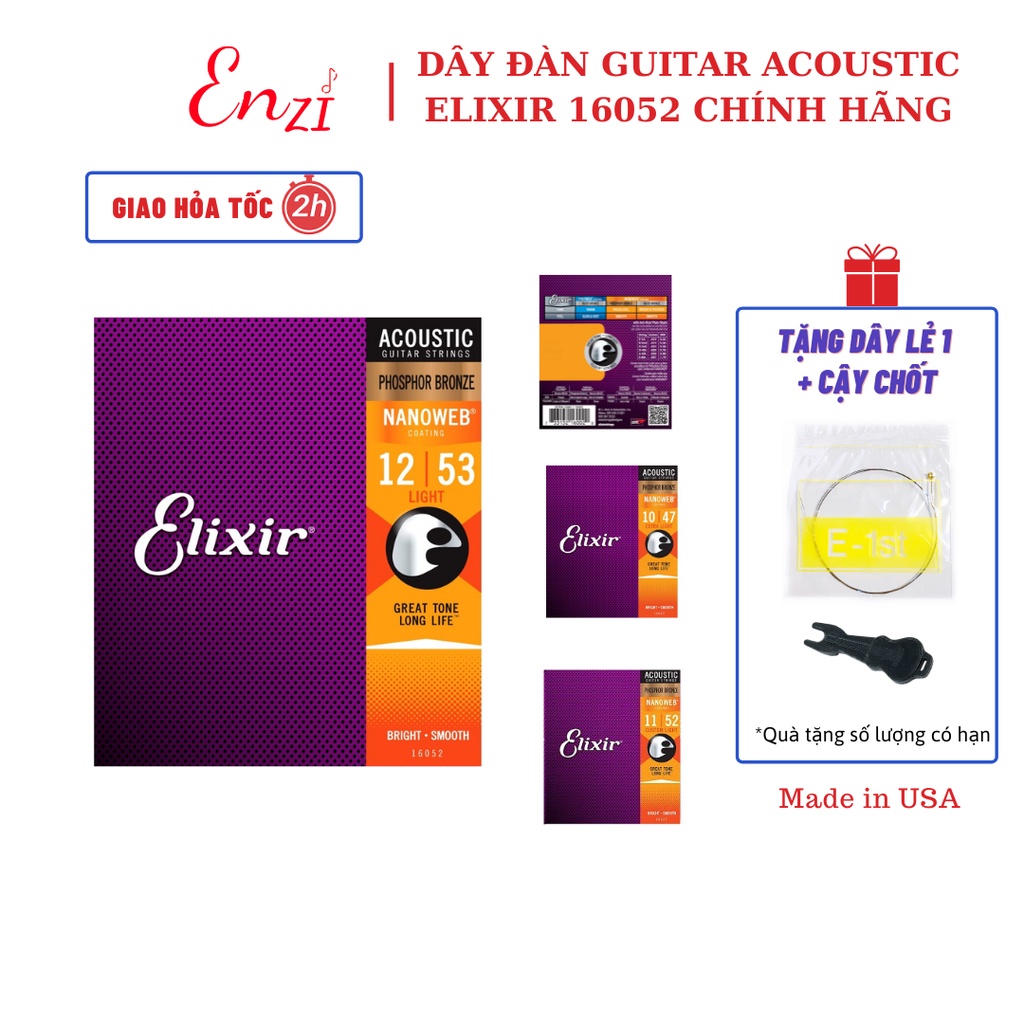 Dây đàn guitar acoustic elixir 16027 Phosphor Bronze Nanoweb cỡ 11 dây đàn Elixir 16052 và 16002 chính hãng