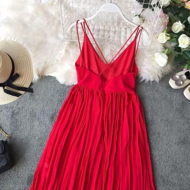 {order7-10 ngày}Váy maxi hai dây chân váy dập ly đi biển sexy 👈