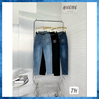 Quần jeans nữ, quần bò baggy co giãn lưng cao túi ốp họa tiết phối ly BG4136