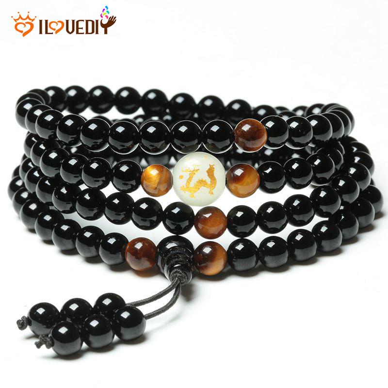 6 / 8mm 108 Hạt Màu Đen Onyx Nam Nữ Dạ Quang Đá Tự Nhiên Mắt Phật Mala Dây Vòng Tay