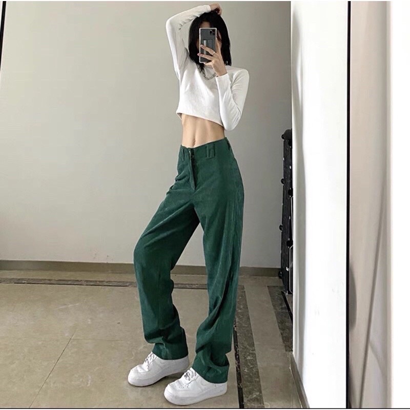 Quần ống rộng cạp cao dáng suông ống rộng phong cách Ulzzang Hàn Quốc