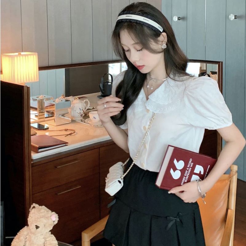 Áo Sơ Mi Ngắn Tay Cổ Búp Bê Khoét Nhiều Lớp Thời Trang Mùa Hè Cho Nữ