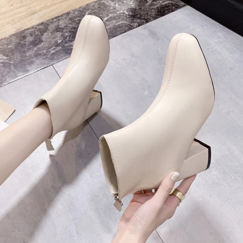 Boot da vân sần  boot nữ da lì gót vuông khoá sau móc tròn và dây kéo có lót lông gót 6cm và 7cm | BigBuy360 - bigbuy360.vn