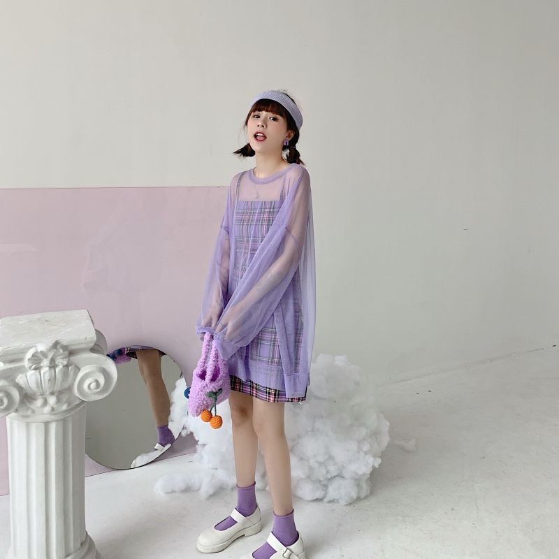 Bộ đầm IELGY màu tím phối lưới thời trang mùa hè phong cách Hàn Quốc cho nữ