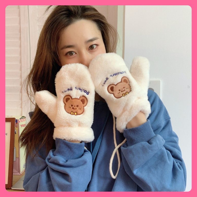 Găng tay lông xù cute đệm bông bên trong siêu ấm thời trang Hàn Quốc dễ thương