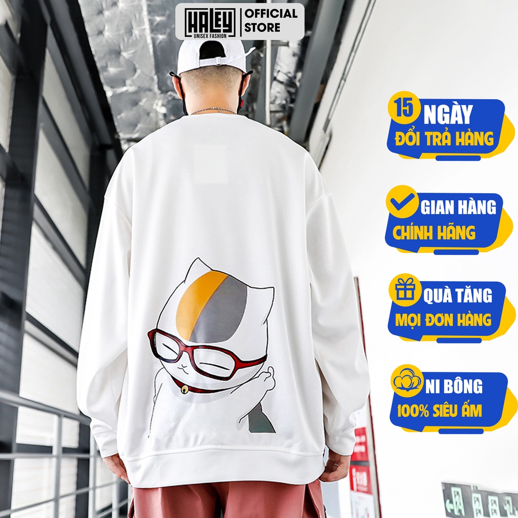 Áo Sweater Nam Nữ unisex HALEY Hapy Cat HD118 phong cách Hàn Quốc cá tính, Chất nỉ bông đẹp Nỉ Bông Nam Nữ