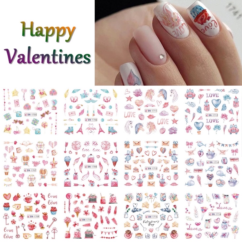 Set trọn bộ 12 Sticker Nga nhãn dán trang trí móng Unicon, Kỳ lân, Valentine siêu đẹp