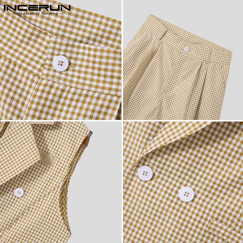 Set đồ 2 mảnh INCERUN gồm áo ghi lê và quần short sọc caro thời trang cá tính cho nam