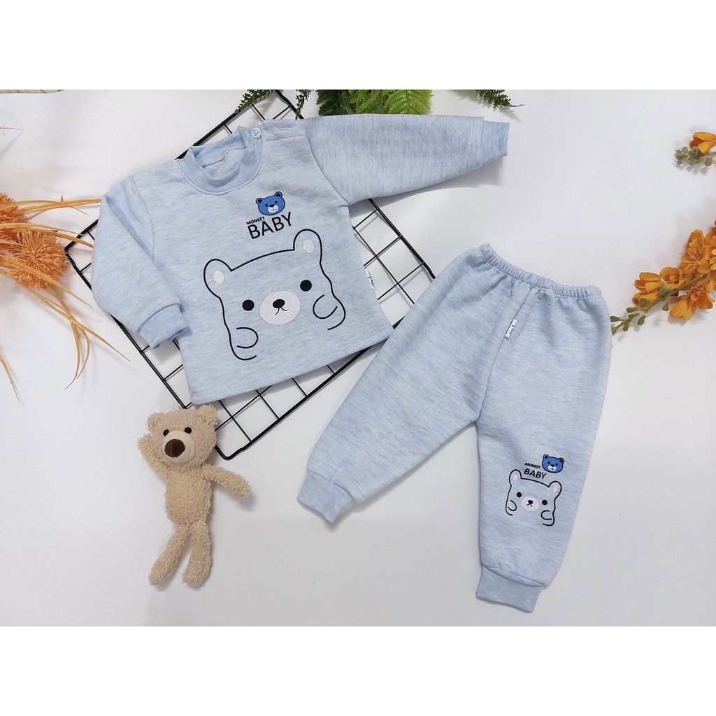 Bộ Xốp Trần Bông Cài Vai Mềm Mại, Cổ Cao Giữ Ấm Cổ Cho Bé Mùa Thu Đông, In Họa Tiết Gấu Dể Thương
