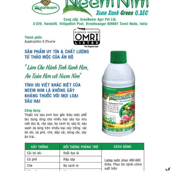 Dầu Neem Hữu Cơ Bảo Vệ Cây Trồng 100ml