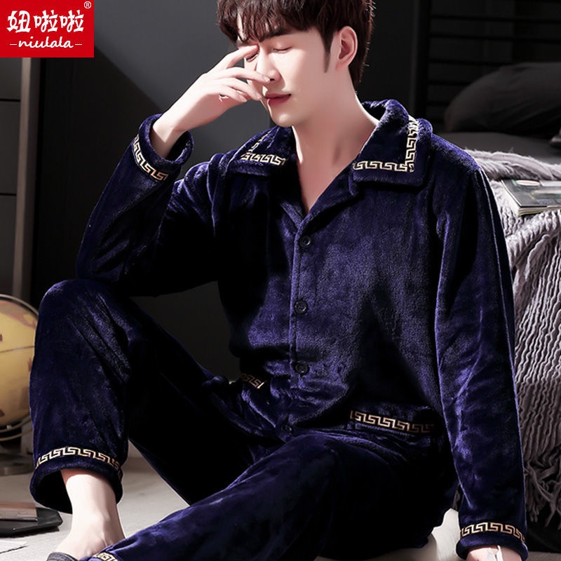 Bộ đồ ngủ tay dài chất nỉ lông cừu san hô dày dặn thời trang thu đông cho nam