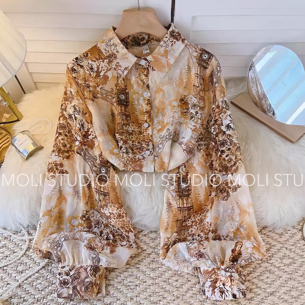 Áo sơ mi lụa Lalin Quảng Châu Cao Cấp Tay Phồng Vạt Đuôi Tôm Mã M1 Siêu Xịn