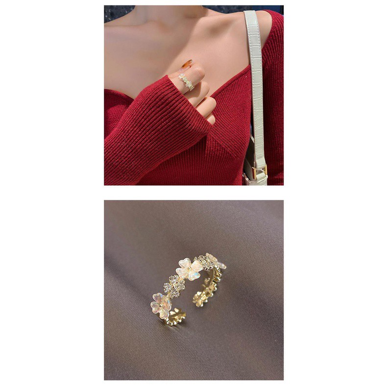 Nhẫn đeo tay hình hoa đính đá zircon phong cách Hàn Quốc sang trọng