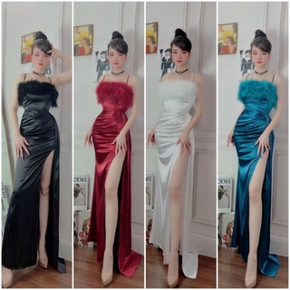 Đầm váy body lụa dạ hội 2 dây phối lông xẻ tà