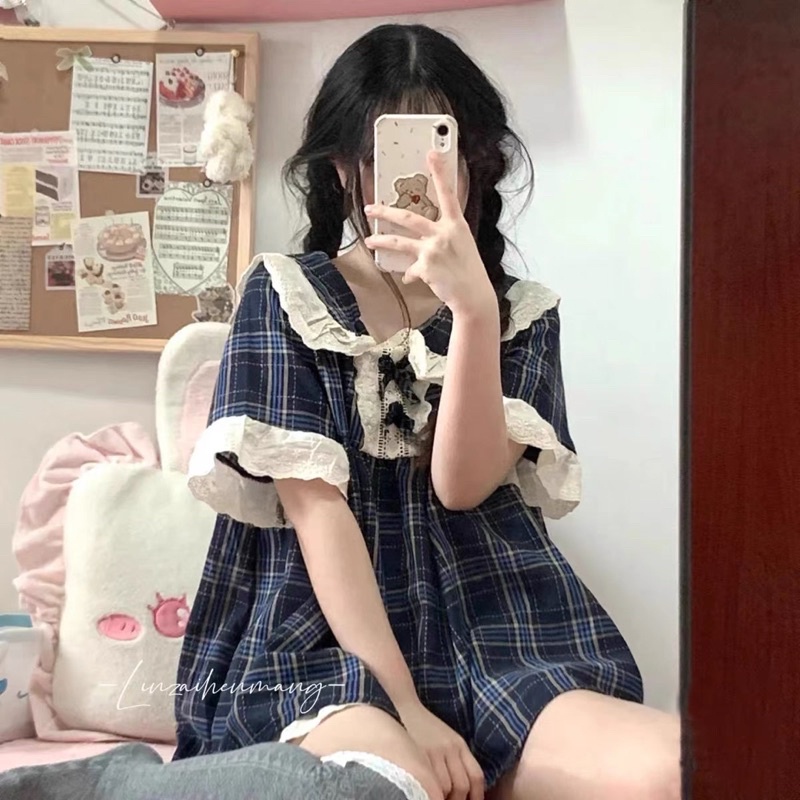 Bộ Ngủ Nữ Pijma Kẻ Caro To Tay Lỡ Quần Short