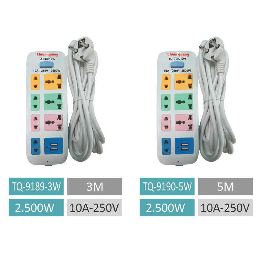 Ổ cắm điện Thiên Quang 8 ổ cắm, 2 cổng USB, 1 công tắc, có đèn báo đỏ,10A – 250V - 2500W, dây 3m hoặc 5 m (TQ9189-9190)