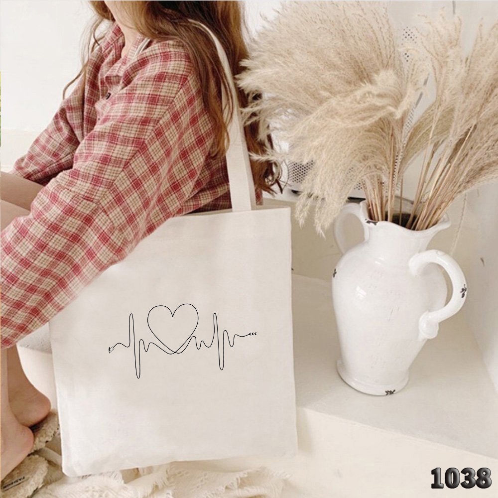 Túi Tote Túi Vải Canvas Kích Cỡ Lớn Có Khóa Miệng 1038 In Hình Nhịp Đập Trái Tim Đeo Vai Đi Học Đi Du Lịch Cực Đẹp
