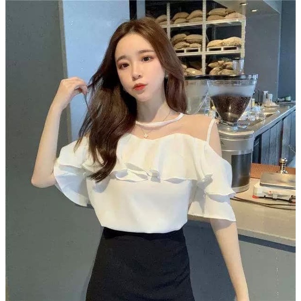 Áo sơ mi nữ pha ren bèo tầng trắng dễ thương