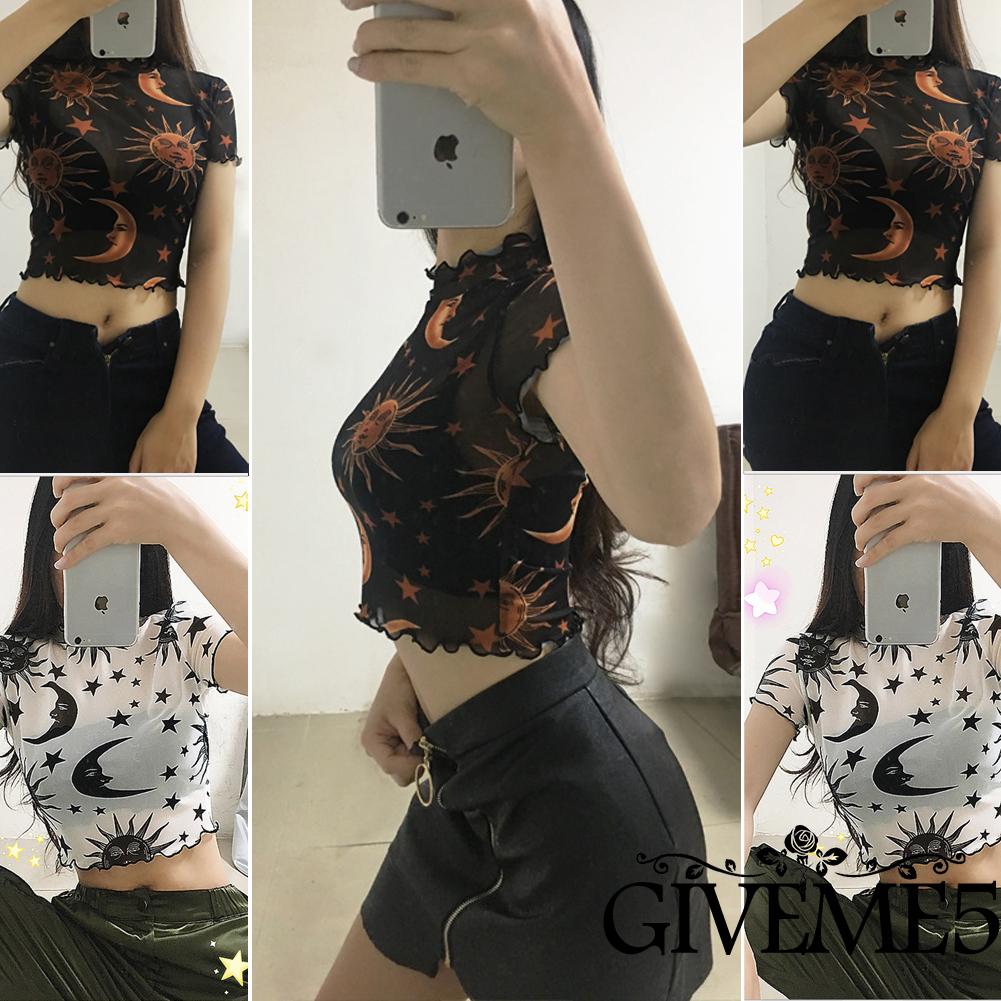 Áo Croptop Xuyên Thấu In Họa Tiết Mặt Trăng Và Ngôi Sao Thời Trang Cho Nữ