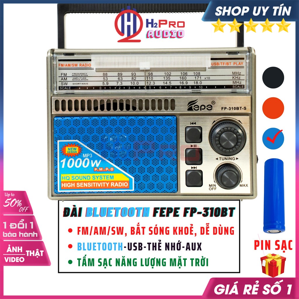 Đài Radio Fm-Am-Sw, Máy Nghe Nhạc Bluetooth Fepe Fp-310BT Usb-TF Cao Cấp, Tấm Sạc Mặt Trời, Quà 50k Pin Sạc-H2Pro Audio