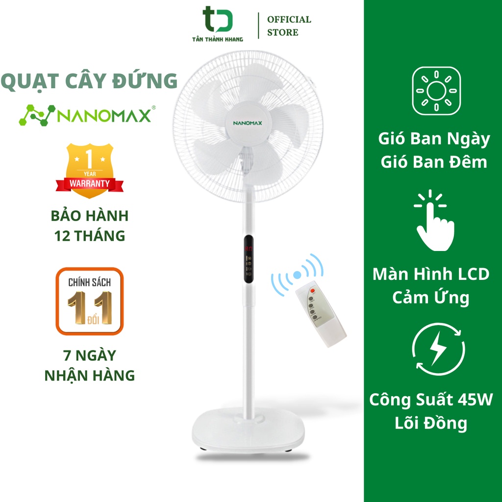 Quạt Cây Đứng Nanomax Có Điều Khiển, Màn Hình LCD Cảm Ứng, Công Suất 45W Với 2 Chế Độ Gió Riêng Biệt