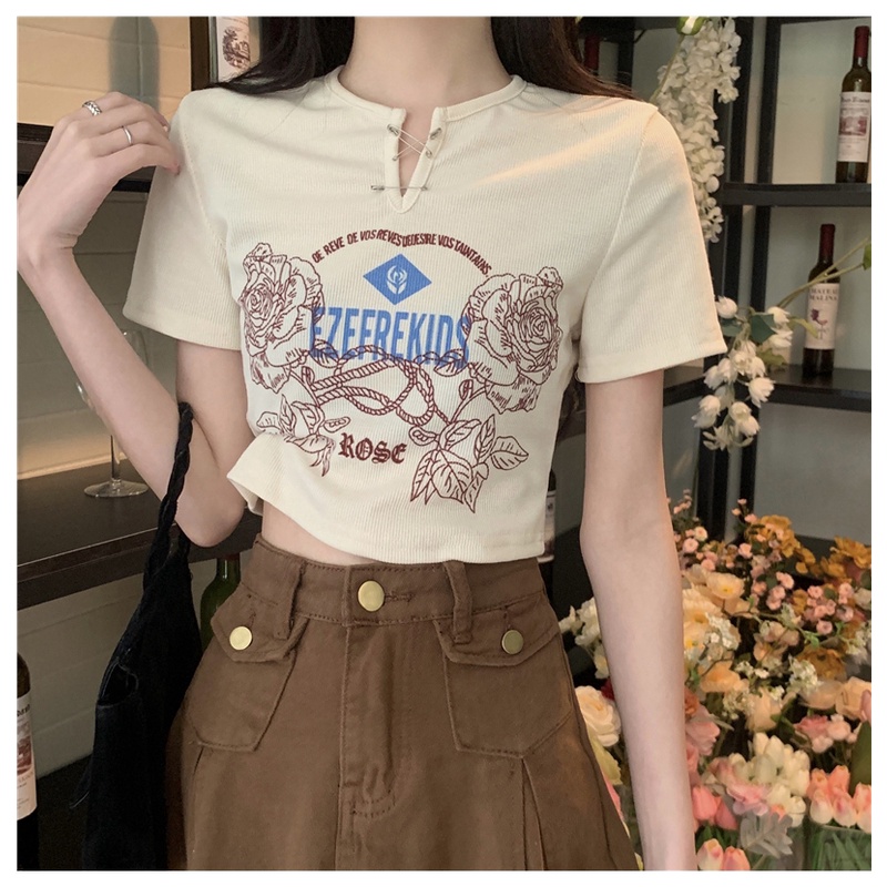 Áo kiểu SUXI tay ngắn cổ chữ V in họa tiết chữ cái thời trang dành cho nữ