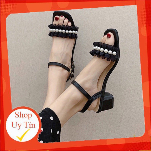 Sandal da mịn quai viền ren nhún đính dây ngọc cực xinh - 4P
