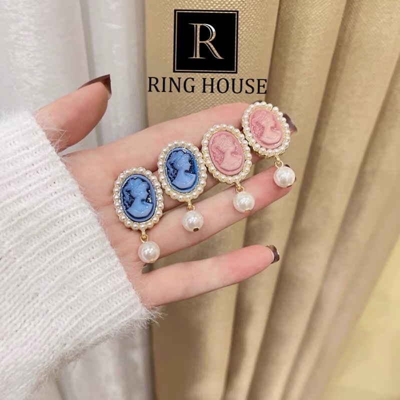 (Chuôi Bạc 925) E165 Bông Tai Khuyên Tai Nữ Tượng Cô Gái Xanh Hồng Vintage Đính Hạt Trai Đẹp Lạ Mắt