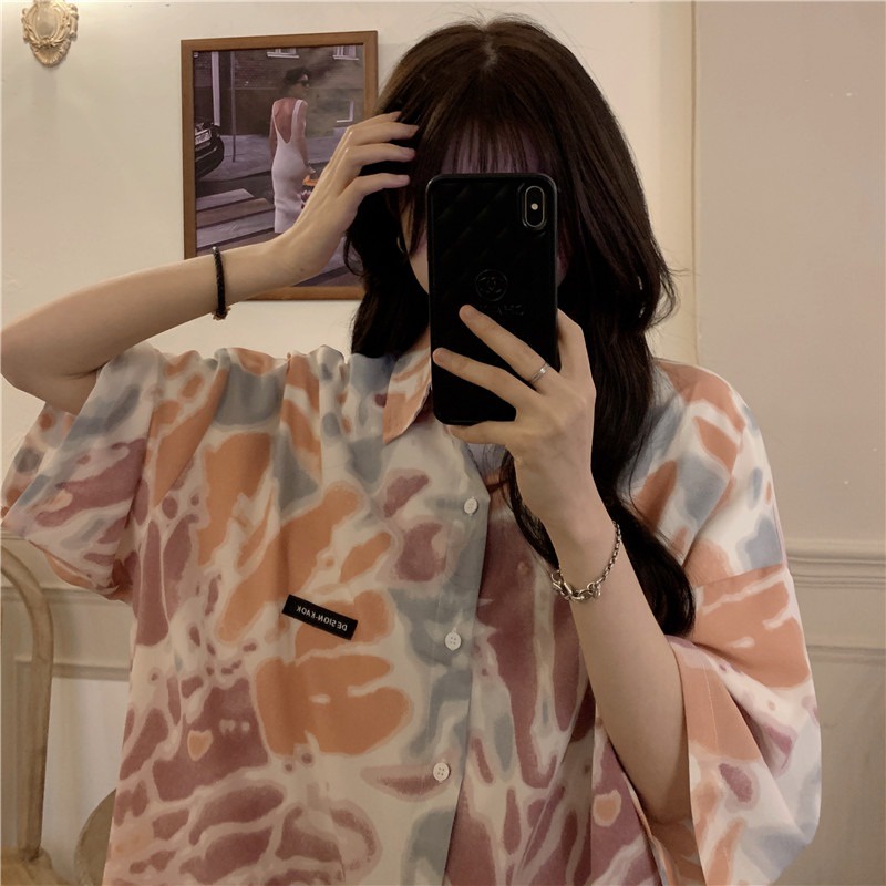 Áo Sơ Mi Tay Ngắn / Ngắn Dáng Rộng Vải Mỏng Nhuộm Xanh Nhuộm Kiểu Hồng Kông Retro Cá Tính