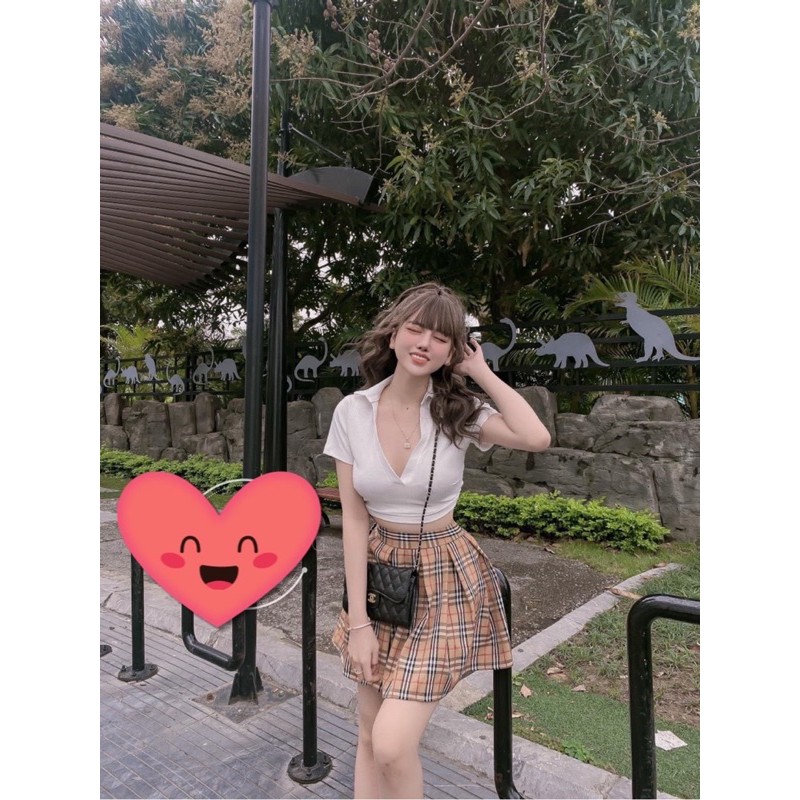 [Rẻ Vô Địch] Sét áo crt thun gân cổ bẻ mix chân váy kẻ bbr xếp ly  Chất thun gân mềm đep giãn 4c cv kẻ thô mềm