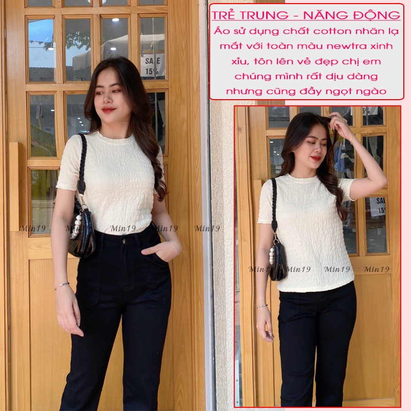 Áo Thun Nữ Tay Ngắn MIN19 Áo Phông Nữ Đẹp Cổ Tròn Dáng Ôm Vải Cotton Nhăn Màu Trắng Nâu Xanh Be Thời Trang Hàn Quốc | BigBuy360 - bigbuy360.vn