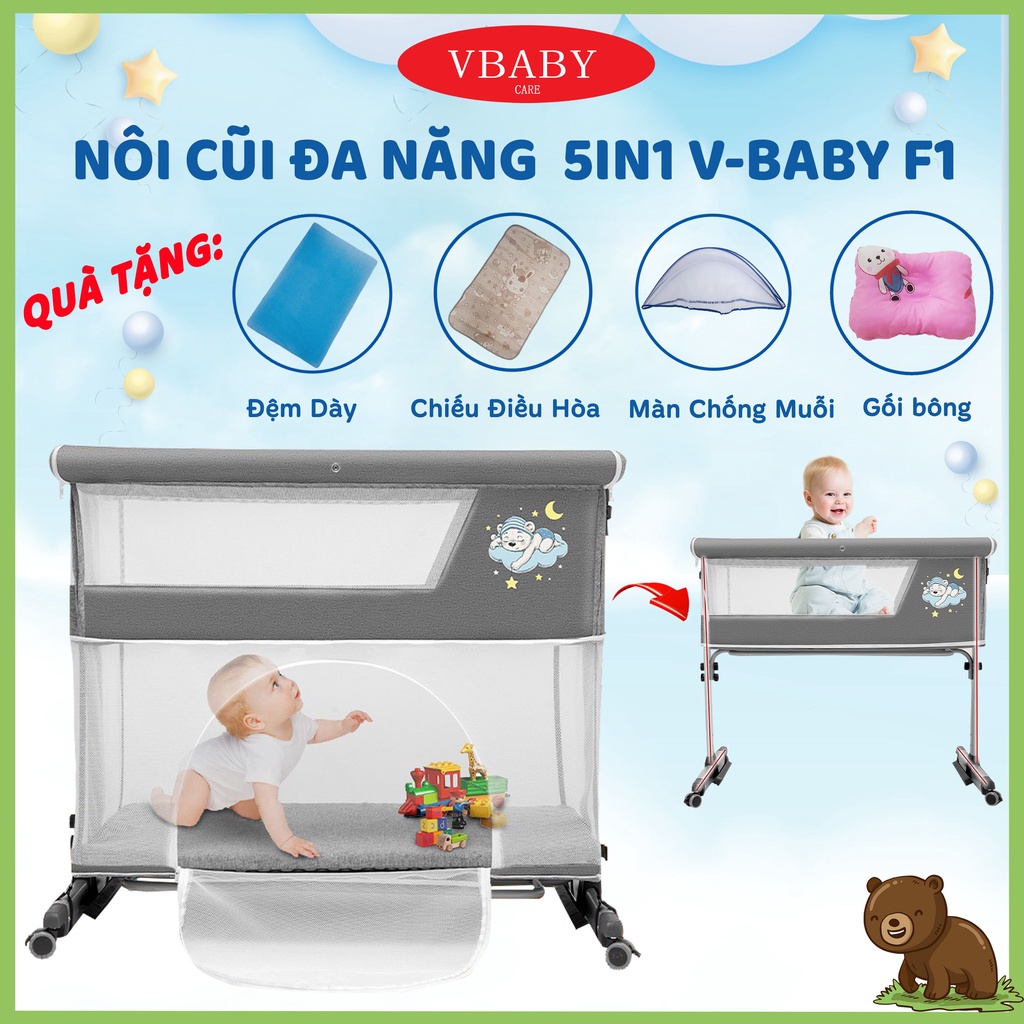 Nôi cũi đa năng cho bé  V-Baby F1 có 5 chế độ tiện lợi, gấp gọn nhánh chóng và nôi cũi F2 có 4 mức điều chỉnh độ cao