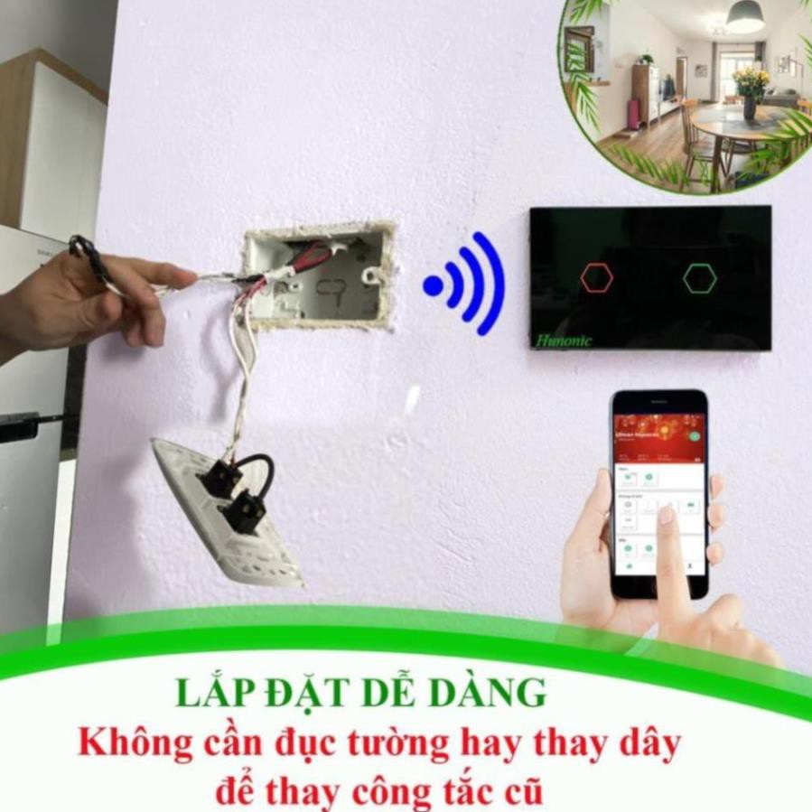Công tắc cảm ứng Hunonic Datic 2 Nút kết nối Wifi điều khiển mọi thiết bị từ xa qua điện thoại, 2 màu trắng và đen