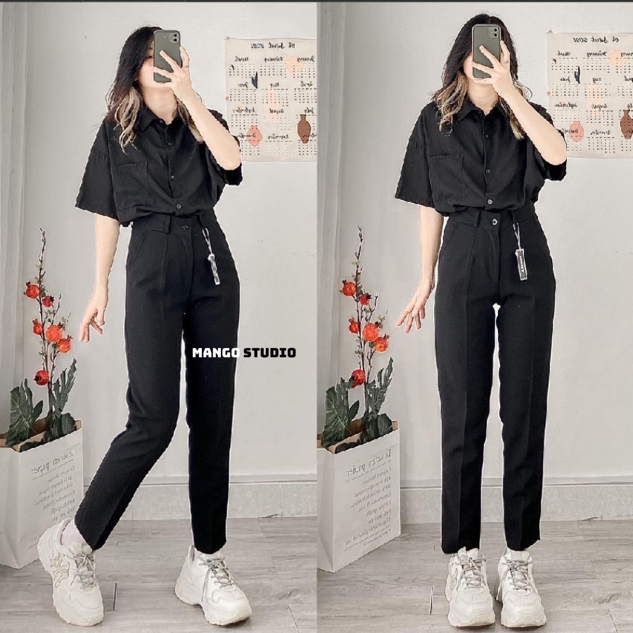 Quần Tây Baggy Nữ Đi Học Công Sở Ống Đứng Suông Dài Lưng Cao Màu Đen Chất Kate Thái Mềm Mại K285