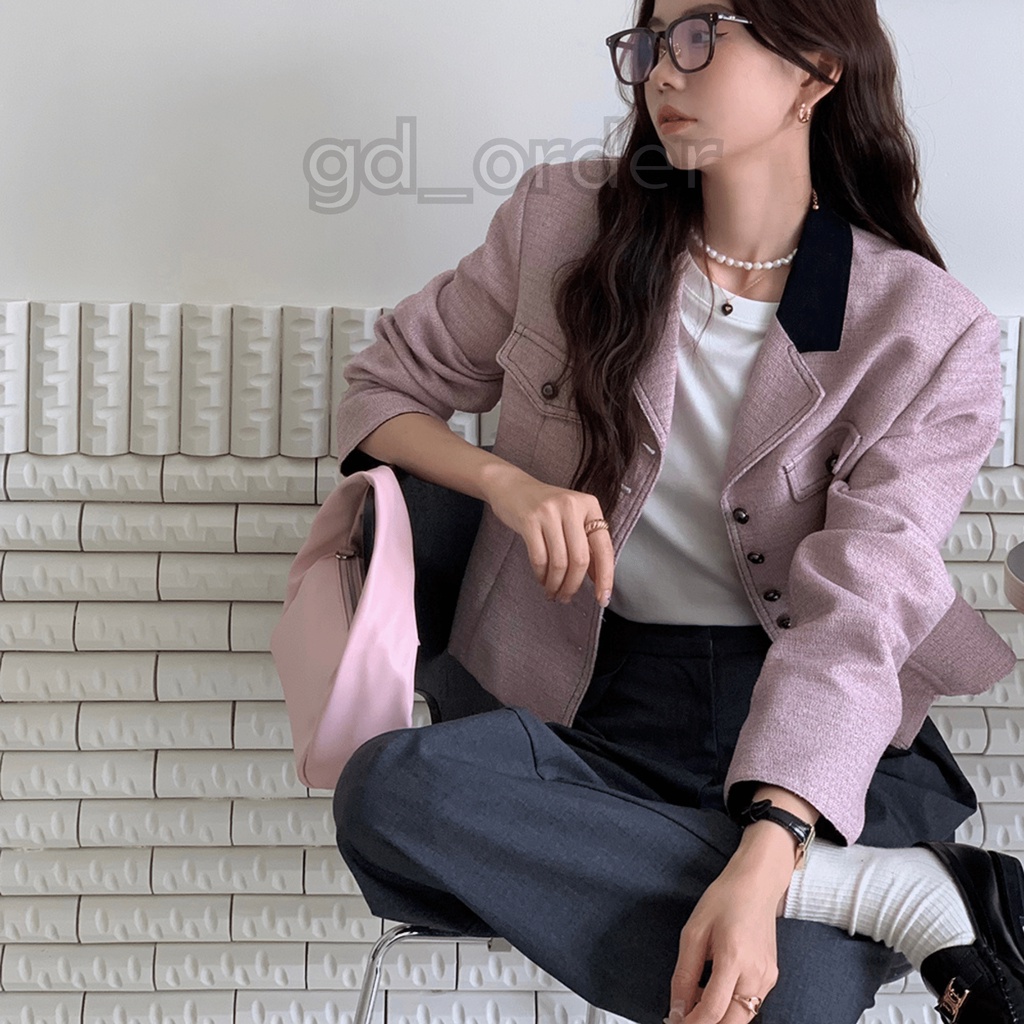 K55|Áo khoác nữ hàn quốc dạ giữ ấm dáng ngắn chỉ nổi cổ V dài tay công sở thanh lịch gd_order