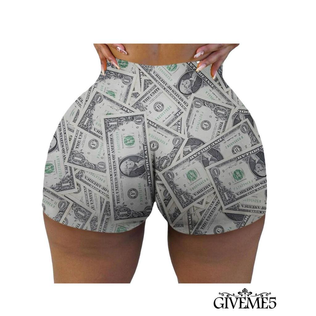 Quần short tập thể dục dáng ôm eo cao in hoạ tiết tiền đô thời trang mùa hè vui nhộn giản dị cho nữ